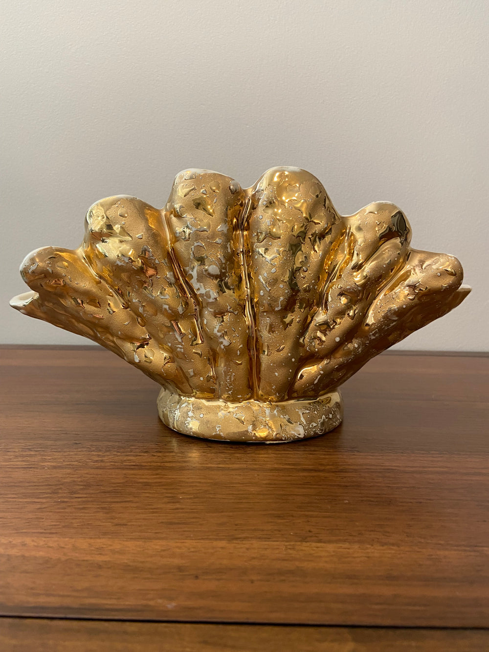 Vintage Ceramic Vase Gilded 24K Gold Luster Shell Shaped 1950s