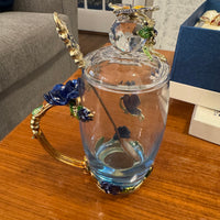 BTaT Brew To Tea A Cups with Lids Spoons Butterfly Flowers Design Glass Set