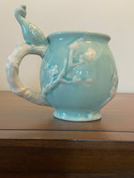 Peacock Bird Figural Ceramic Mug – Blue Green Iridescent Crackle Glaze
