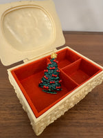 Vintage Enamel Christmas Tree with Red Bows and Gold-tone Star Brooch Pin
