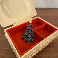 Vintage Enamel Christmas Tree with Red Bows and Gold-tone Star Brooch Pin