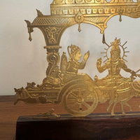 Vintage Engraved Brass Chariot with Krishna, Arjuna, and Hanuman on Wood Base