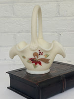 Vintage Fenton White Custard Glass Christmas Basket with Hand-Painted Poinsettia Design by S. Smith
