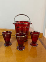 Vintage Art Deco Red Ruby Glass Ice Bucket and 3 Cocktail Glasses Set
