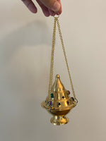 Vintage Brass Hanging Incense Burner / Censer – Star Cutouts & Colorful Glass Cabochons
