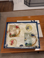 BTaT Brew To Tea A Cups with Lids Spoons Butterfly Flowers Design Glass Set
