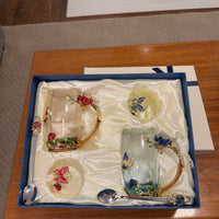 BTaT Brew To Tea A Cups with Lids Spoons Butterfly Flowers Design Glass Set