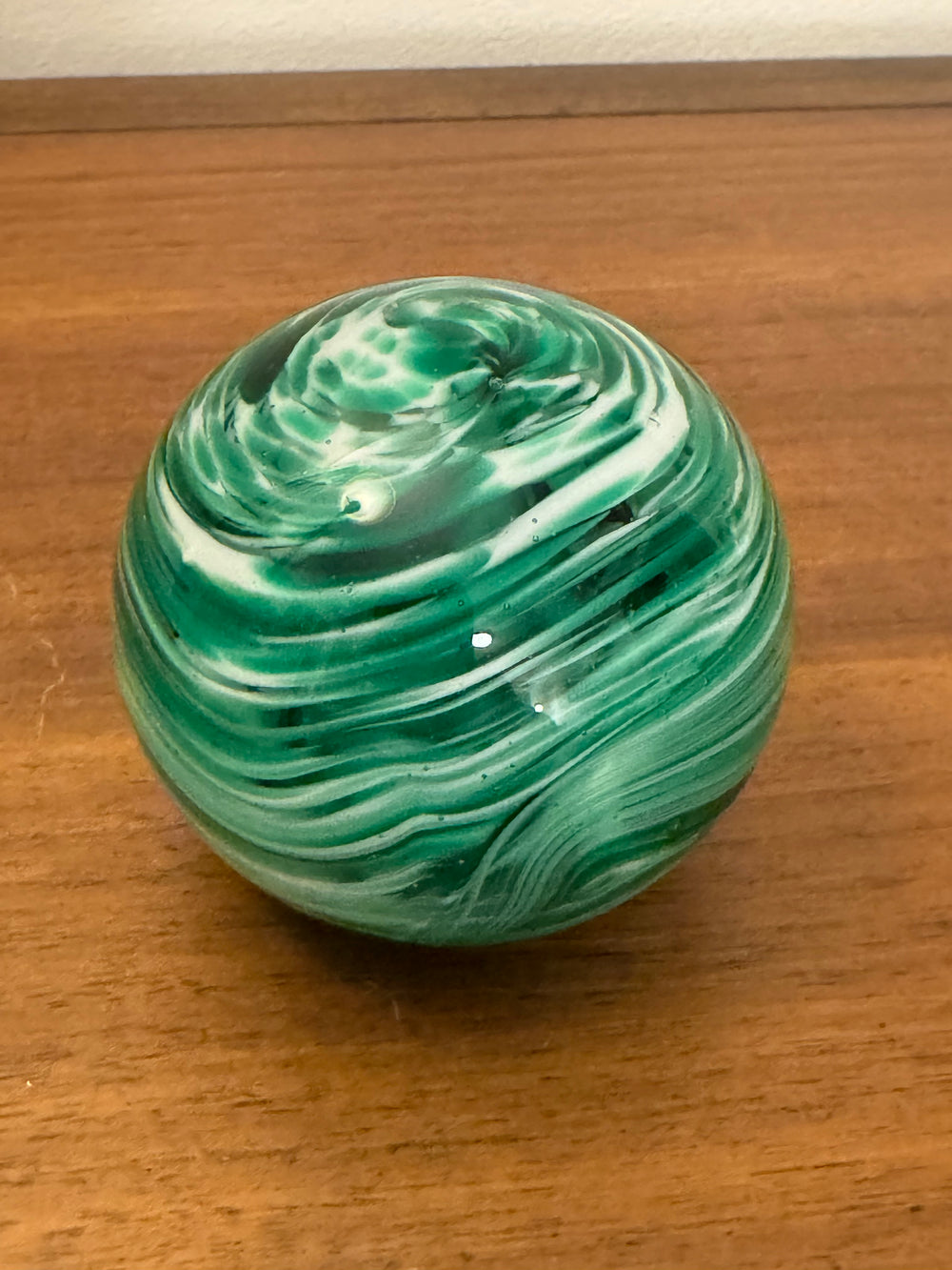 Elwood Art Glass Handmade Paperweight Green-White Swirl in Clear