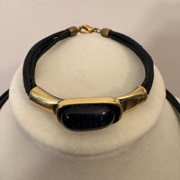 Metal Gold-tone and Leather Dichroic Glass Set of Bracelet and Chocker Necklace