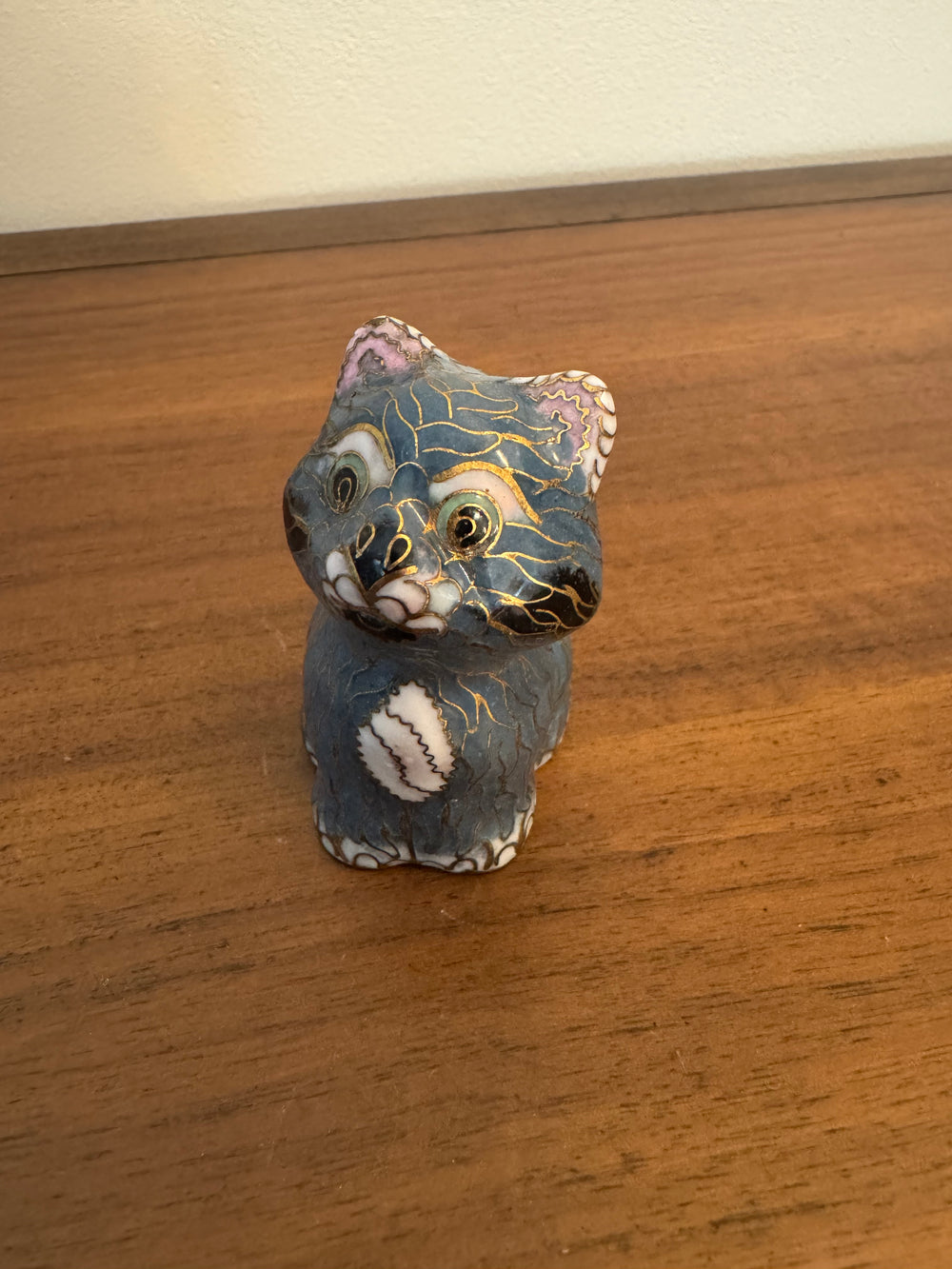 Vintage Enameled Brass Chinese Cloisonne Cat Figure