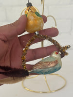 Handmade Vintage-Inspired Bird & Pear Christmas Ornament – Created with Vintage Glass Ornaments & Mixed Materials
