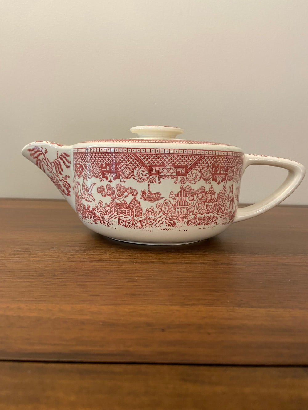 Vintage Ceramic Willow Pink Rose Transferware Teapot