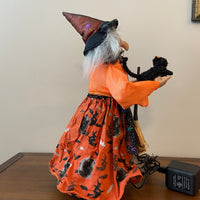 Vintage Fiber-optic Halloween Witch with Cat and Broom