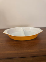 Pyrex Orange-Caramel-White Oval Glass Double-Divided Casserole Dish 1qt
