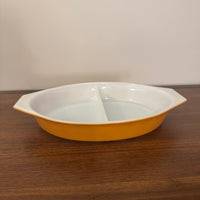 Pyrex Orange-Caramel-White Oval Glass Double-Divided Casserole Dish 1qt