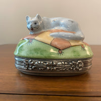 Limoges France Chanill Cat Porcelain-Pewter Trinket Box