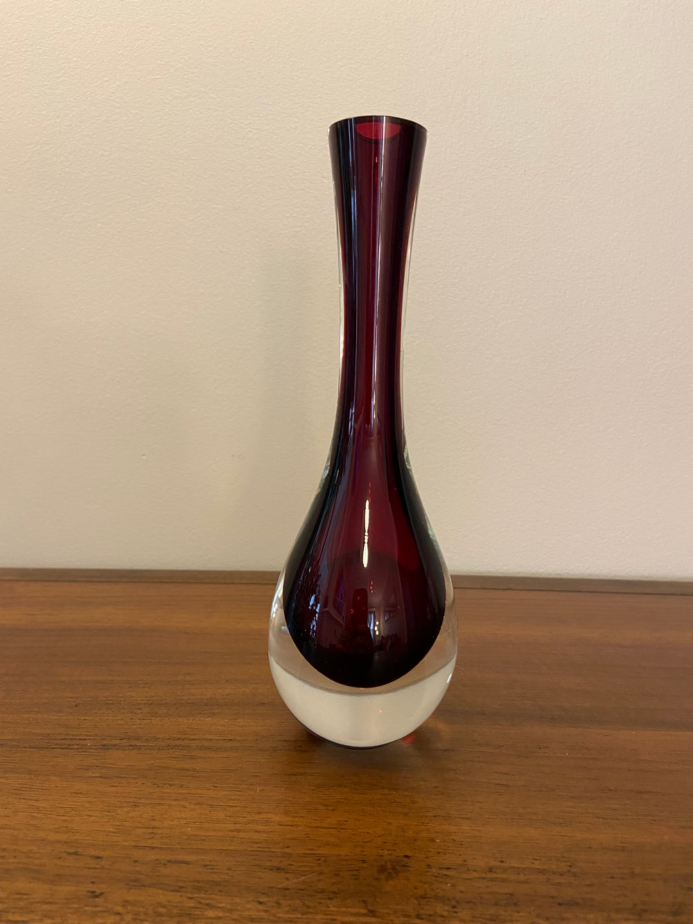 Vintage Murano Ruby Red Long Neck Teardrop Weighted Glass Bud Vase