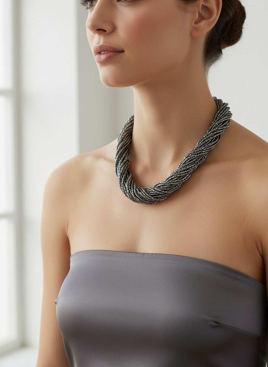 Silver-tone Multi Strands Beaded Necklace