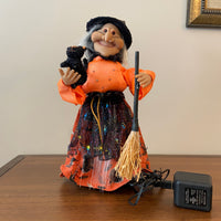 Vintage Fiber-optic Halloween Witch with Cat and Broom