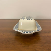 Ceramic Blue Transfer Butter Dish Currier and Ives Horse Ride at the Shore