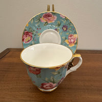 Vintage Heirloom English Fine Bone China Pastel Blue Floral Tea Cup and Saucer