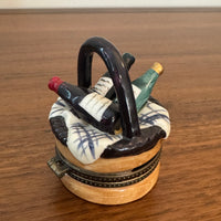 Vintage Porcelain Trinket Box Wine Bottles Basket Shaped