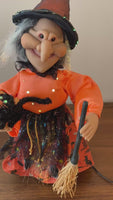 Vintage Fiber-optic Halloween Witch with Cat and Broom
